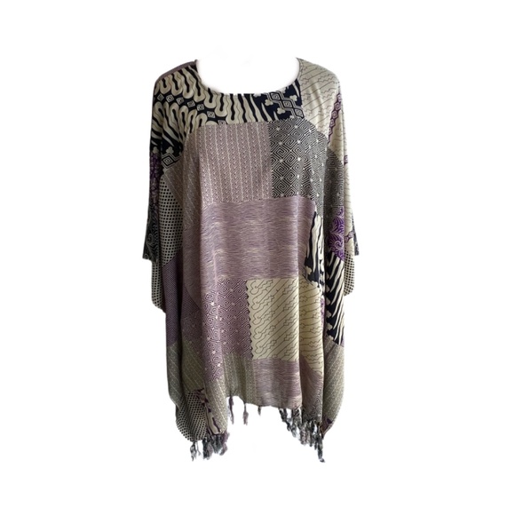 0059/ purple Multicolor Poncho with fringed, Batik Poncho with fringed - Picture 6 of 9